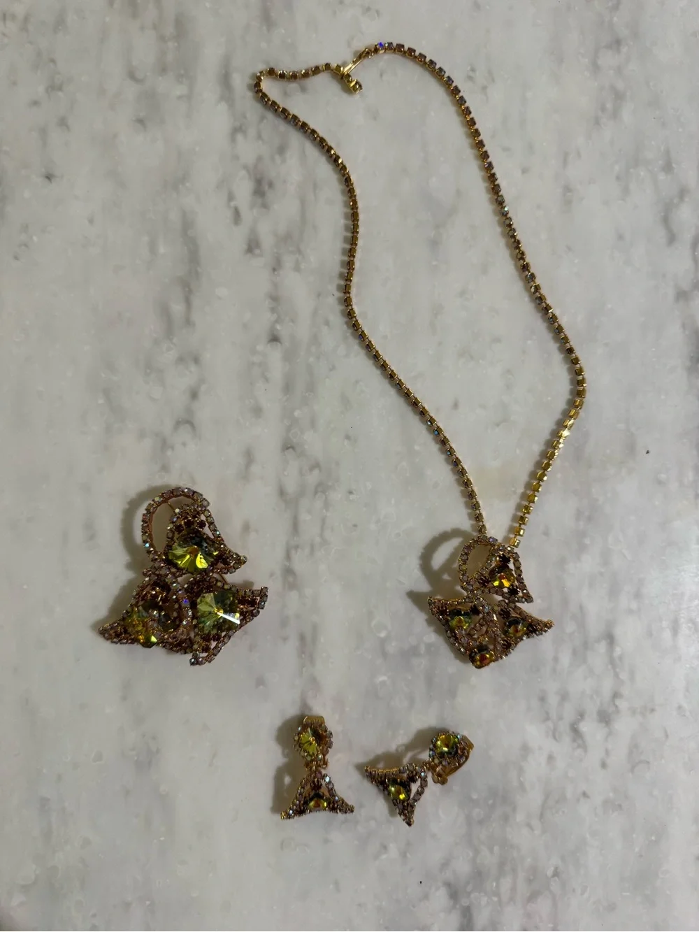 Vintage Antique-Vibe Gold Toned Bold Green Brooch, Earring, and Necklace Set